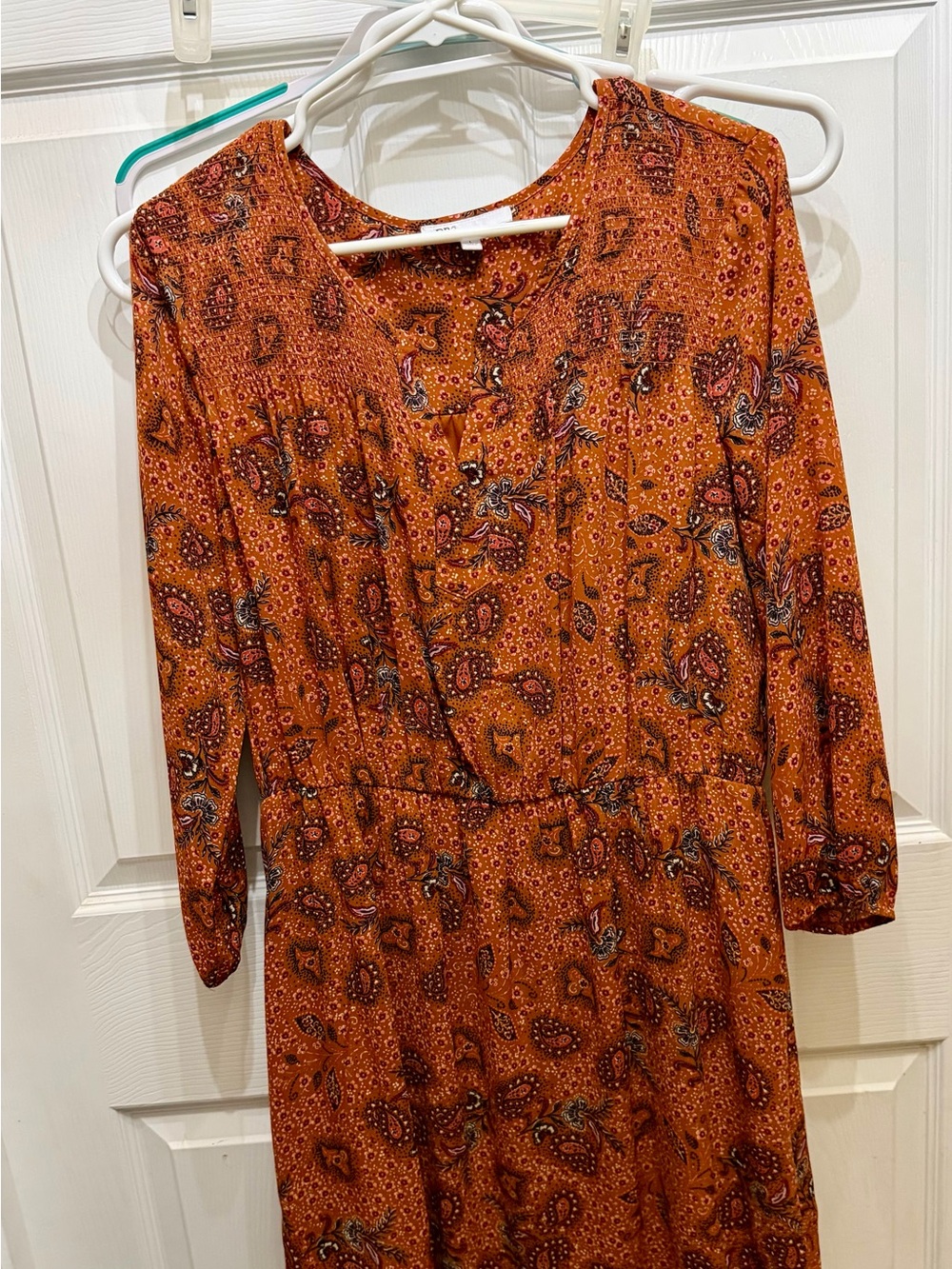 DR2 Women’s Large Rust Deep Red Black White Boho/Paisley Print Autumn Dress